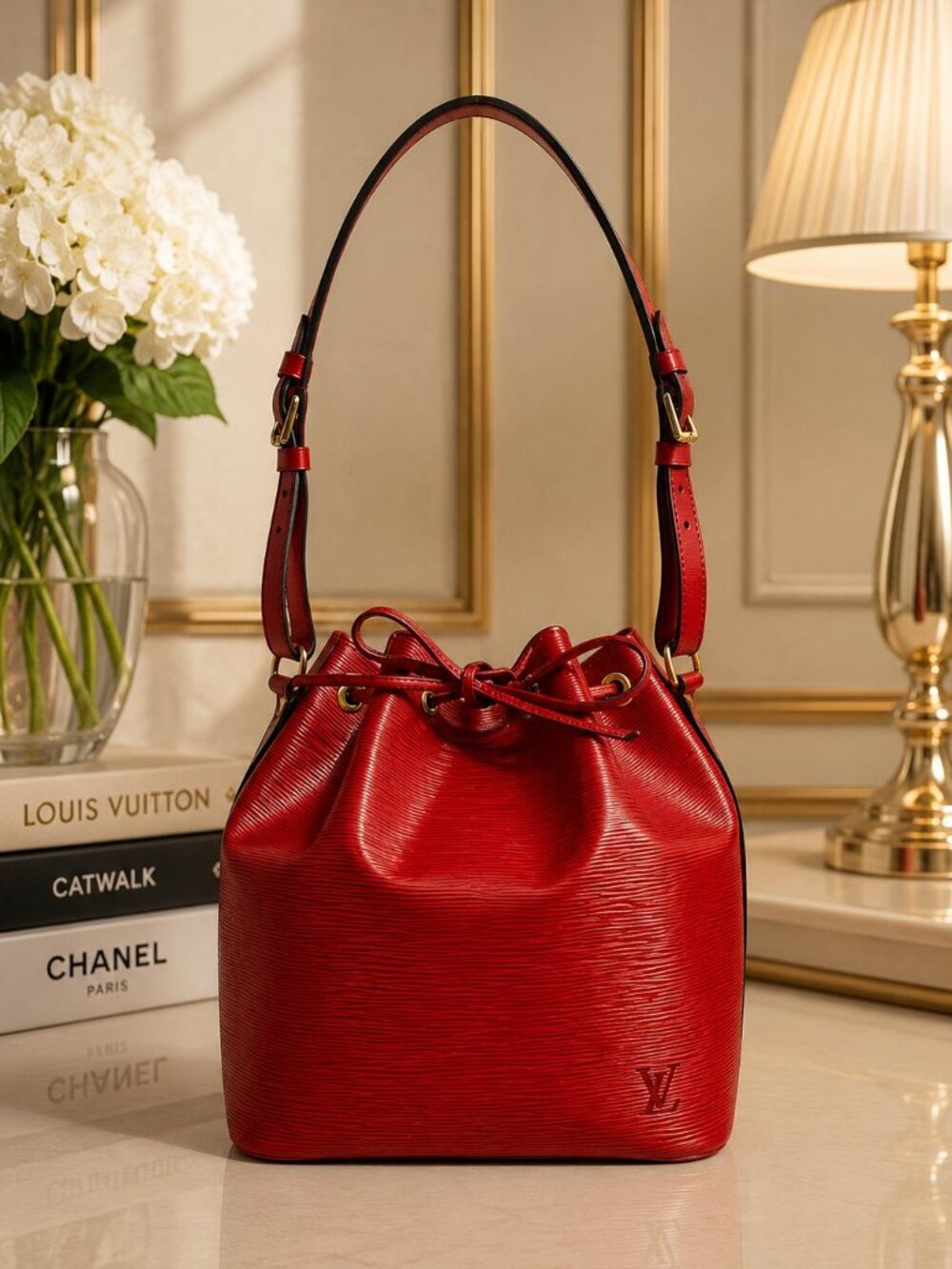 Authentic Louis Vuitton Petit Noé Epi Red Leather Bucket Shoulder Bag LV Vintage